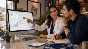Médica revisando cómo aparece su consultorio en Google para atraer nuevos pacientes