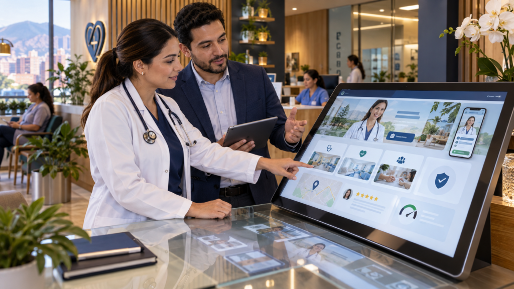 Médica y estratega revisando los elementos esenciales de una página web para consultorios