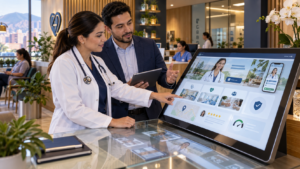 Médica y estratega revisando los elementos esenciales de una página web para consultorios