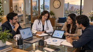Médica acompañada por un equipo de marketing para organizar el crecimiento digital de su consultorio