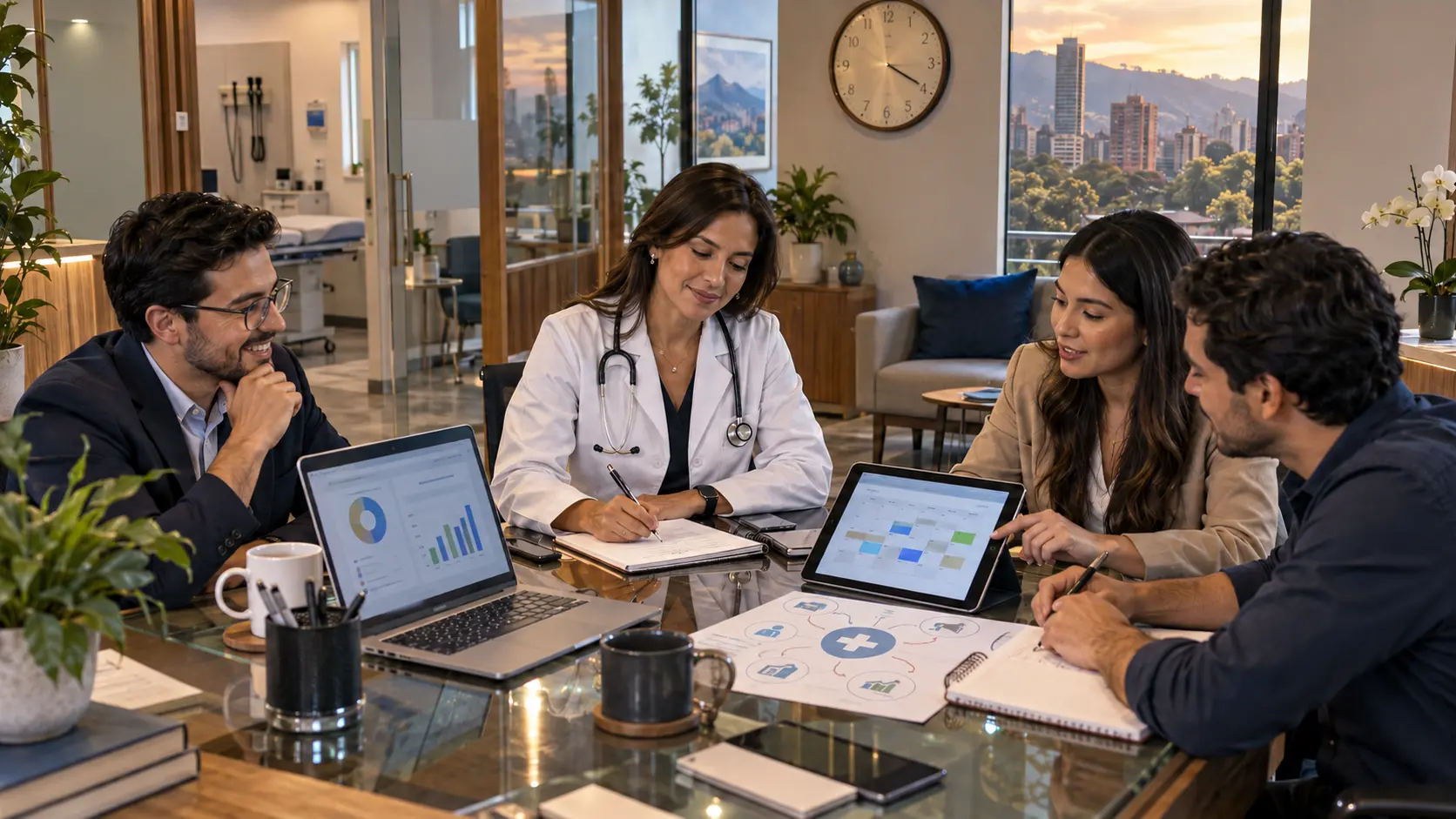 Médica acompañada por un equipo de marketing para organizar el crecimiento digital de su consultorio